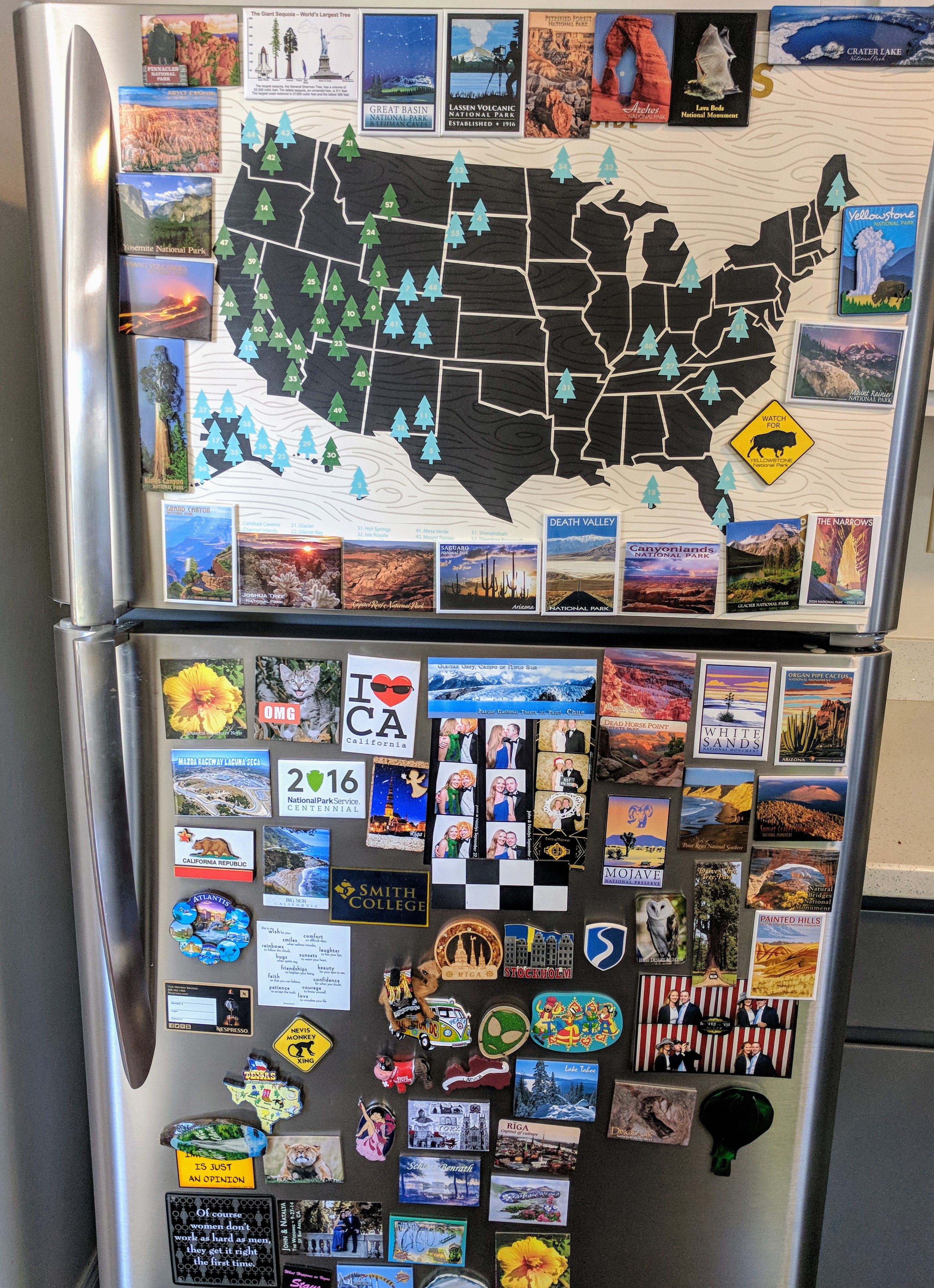 Our fridge magnet collection including a map of National Parks visited